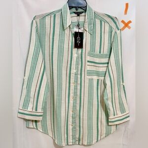 Mint Green and White Striped Casual Button Down Shirt